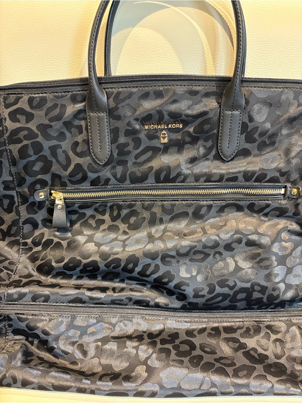 Michael Kors Black Leopard Jacquard Tote with Gold Hardware